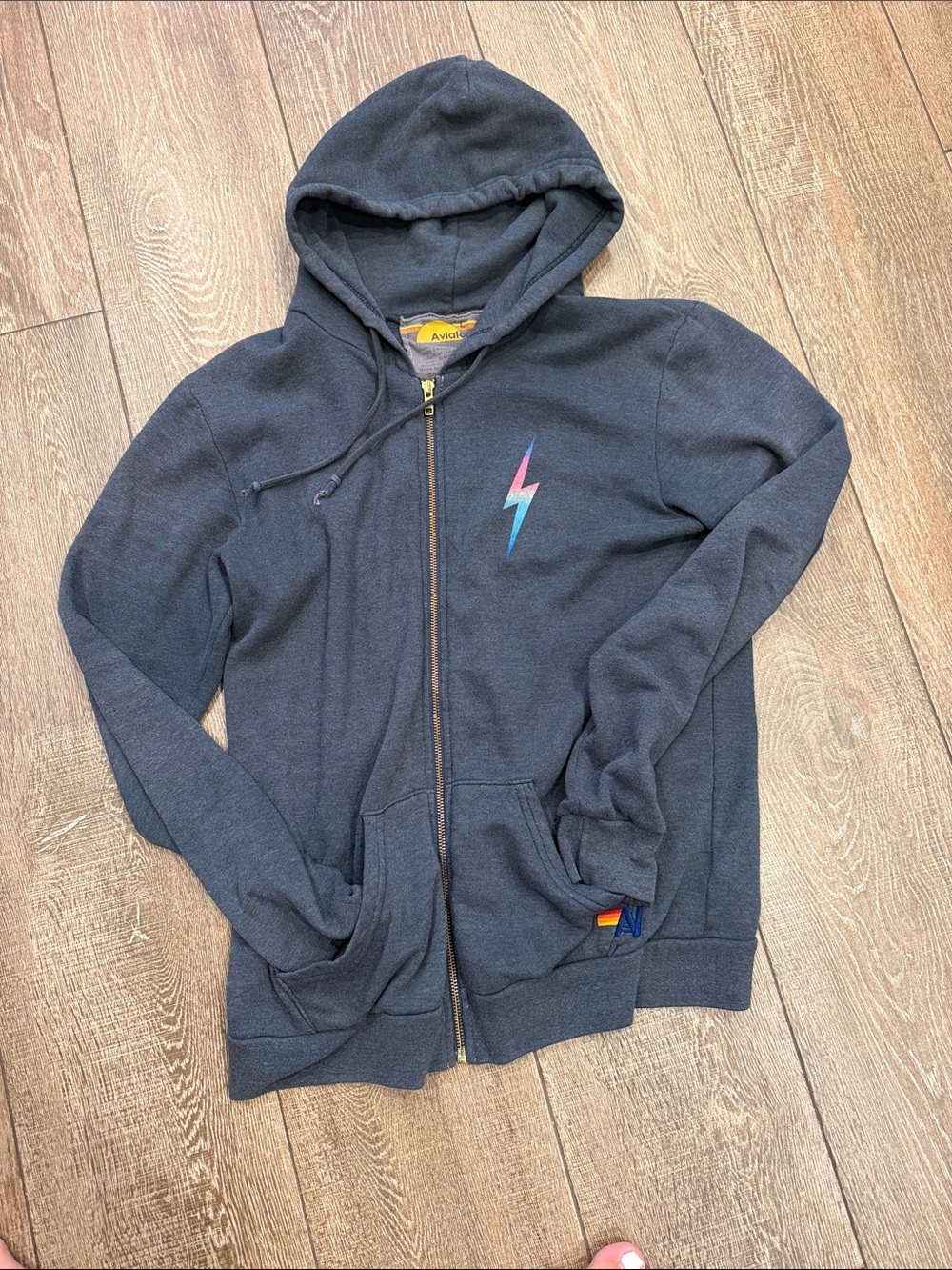 Aviator Nation gray Zip Hoodie with Rainbow Lightning Bolt